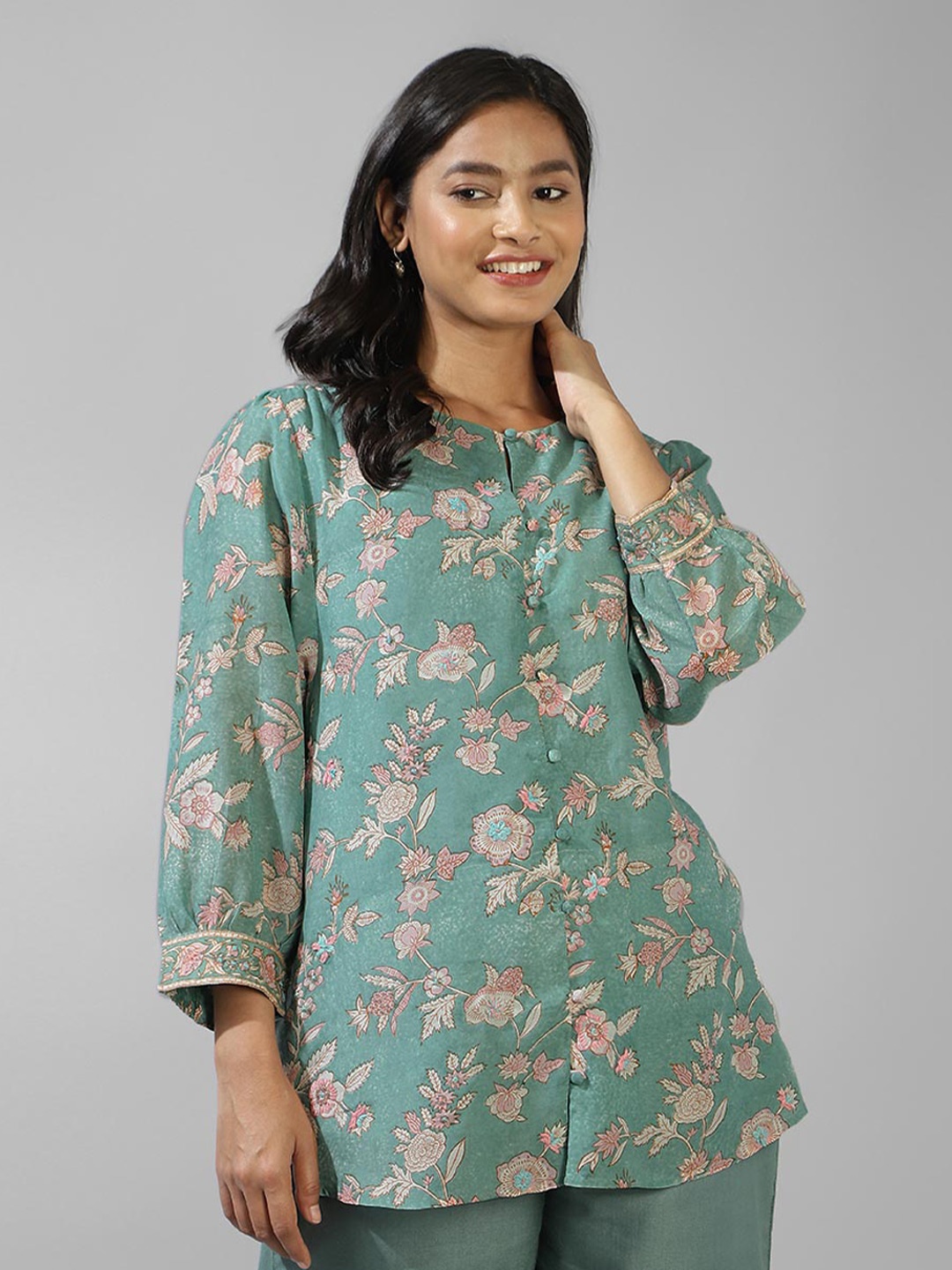 

Fabindia Floral Printed Keyhole Neck Tunic, Blue