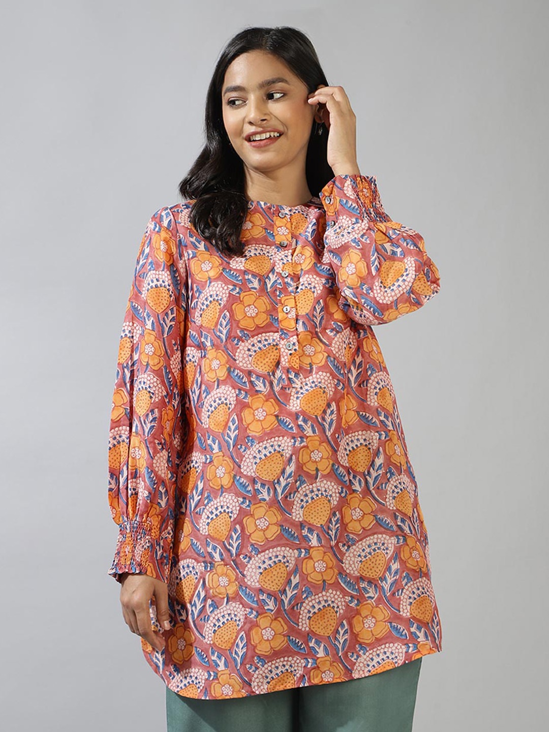 

Fabindia Floral Printed Puff Sleeves Tunic, Orange