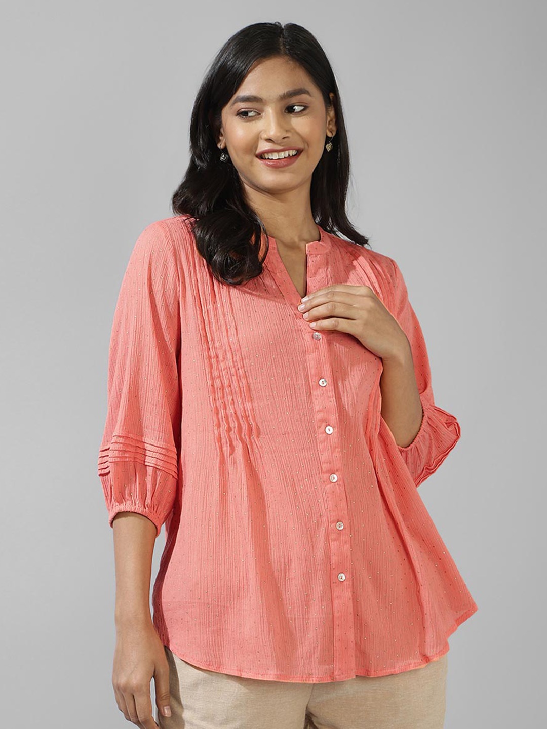 

Fabindia Mandarin Collar Cotton Tunic, Pink