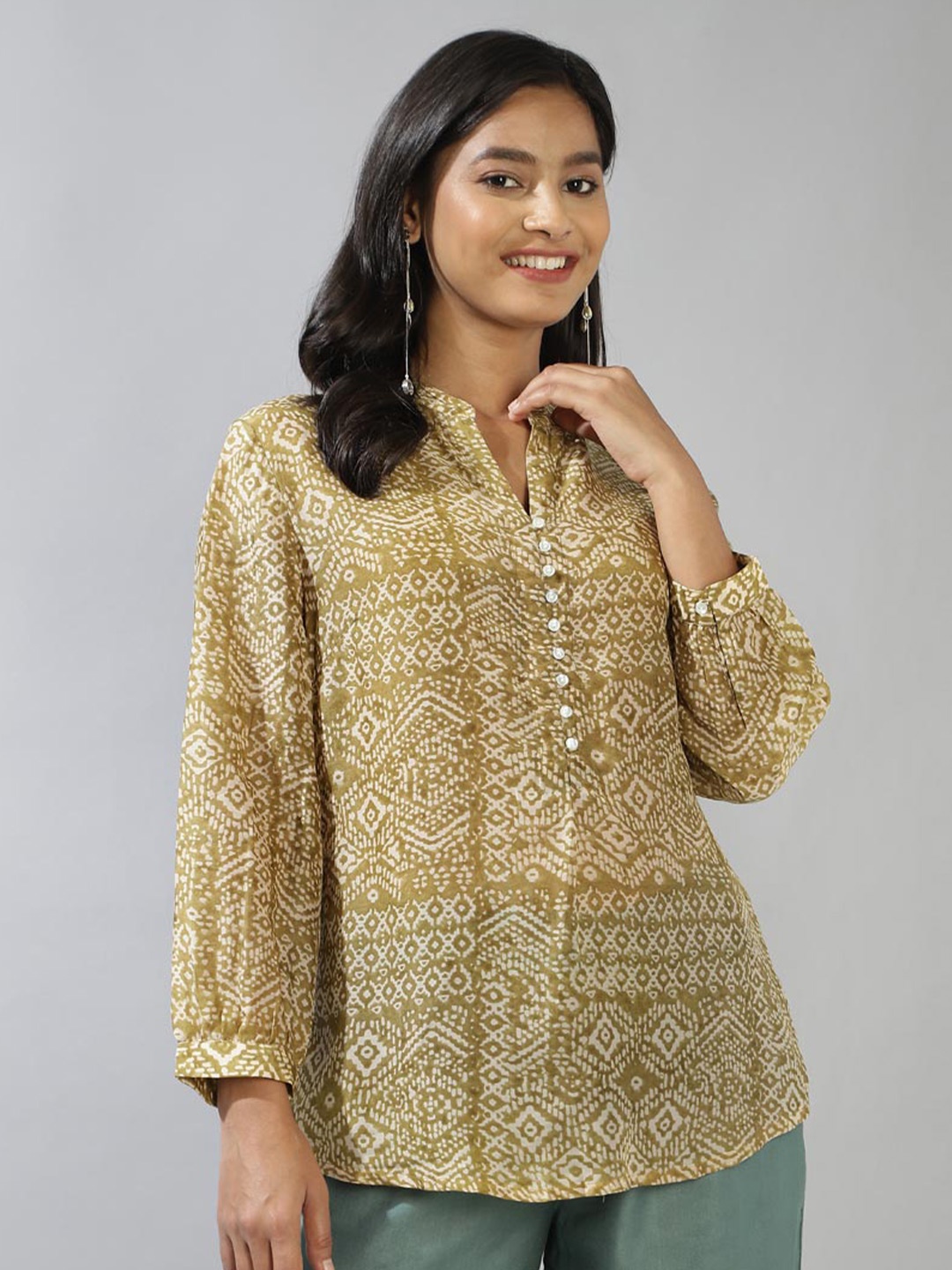 

Fabindia Printed Mandarin Collar Tunic, Green