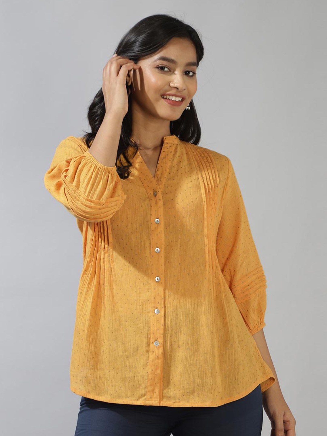 

Fabindia Geometric Block Printed Mandarin Collar Cotton Tunic, Yellow