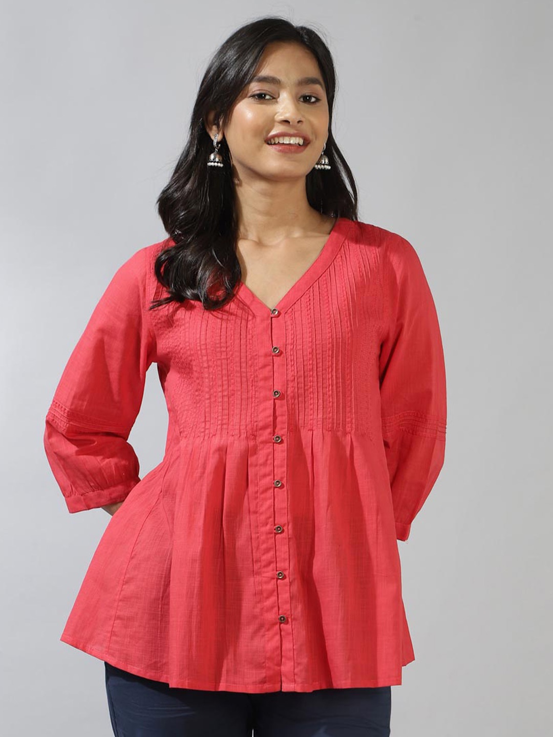 

Fabindia Embroidered V-Neck Cotton Tunic, Red
