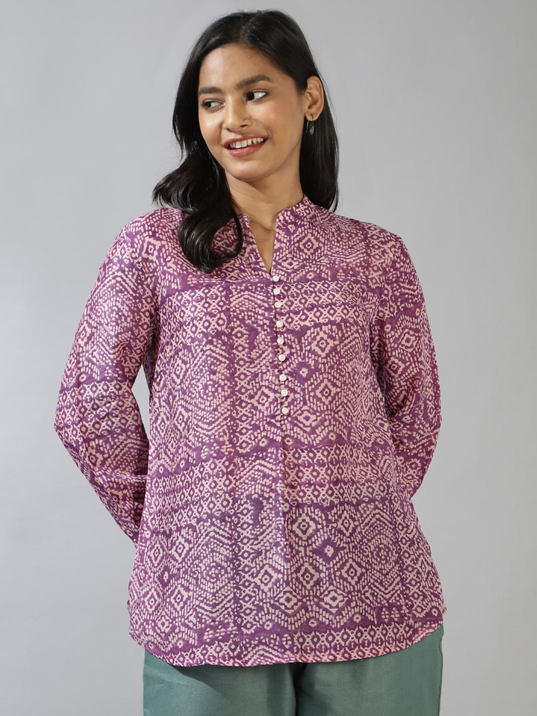

Fabindia Abstract Printed Mandarin Collar Tunic, Purple