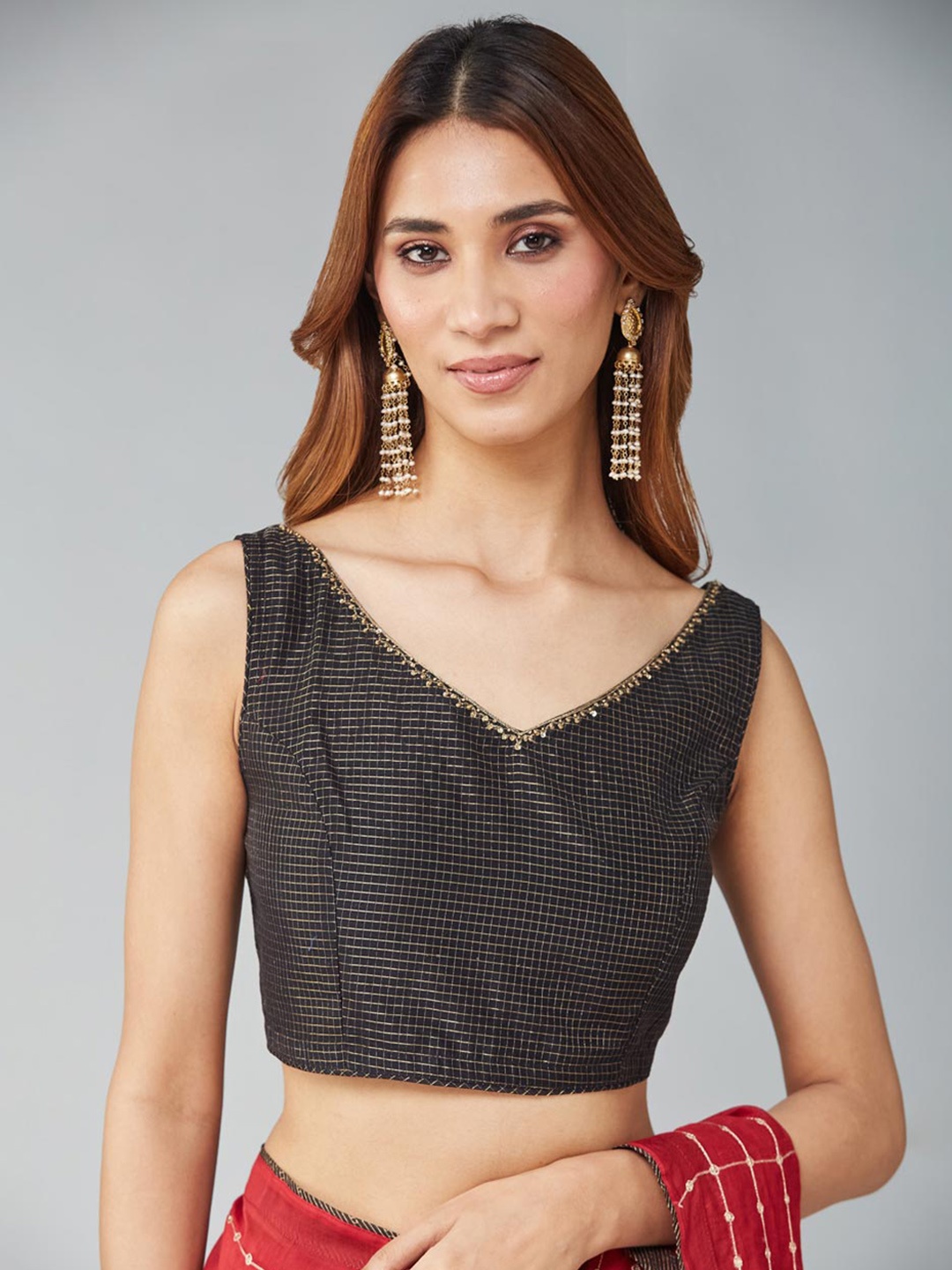 

Fabindia Embroidered Cotton Saree Blouse, Black