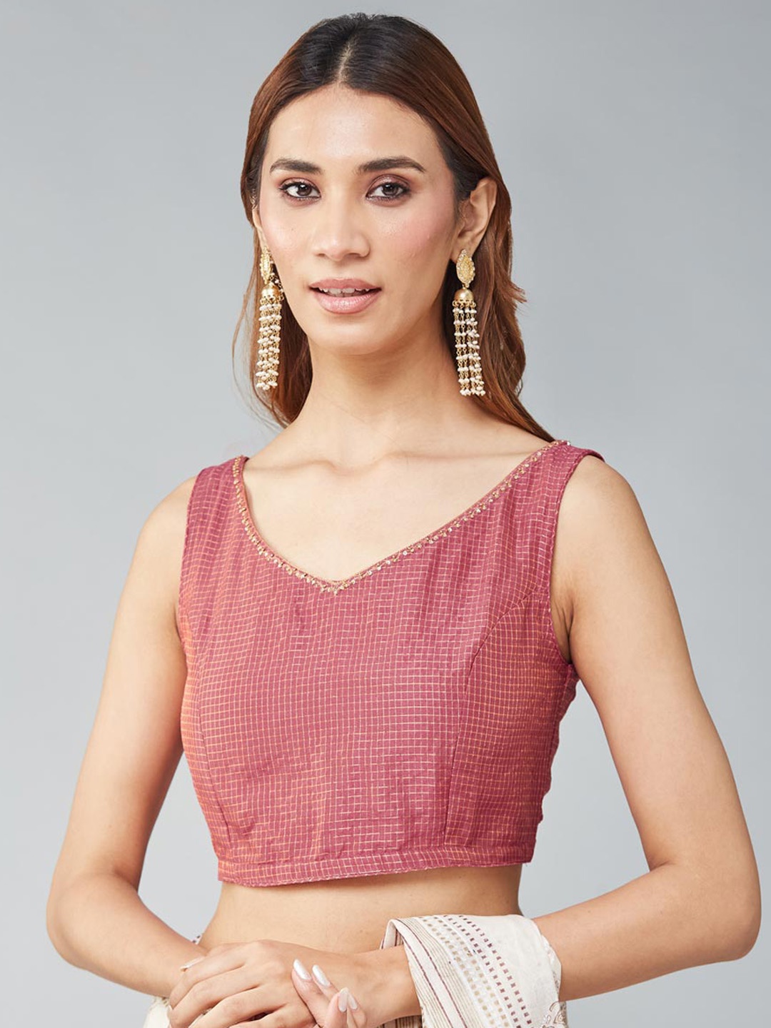 

Fabindia Embroidered Sleeveless Silk Saree Blouse, Pink