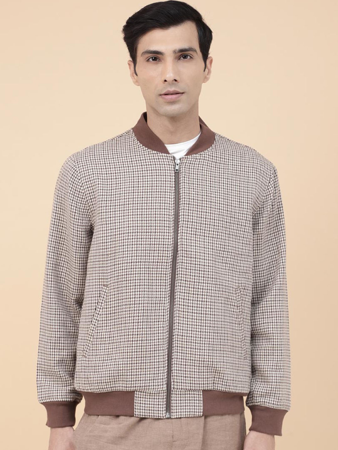 

Fabindia Geometric Self Design Stand Collar Woollen Bomber Jacket, Brown