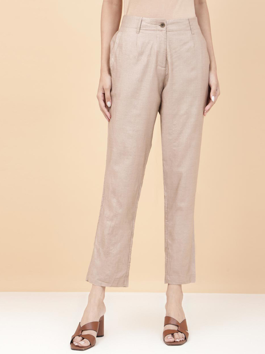 

Fabindia Women Slim Fit Silk Trousers, Gold