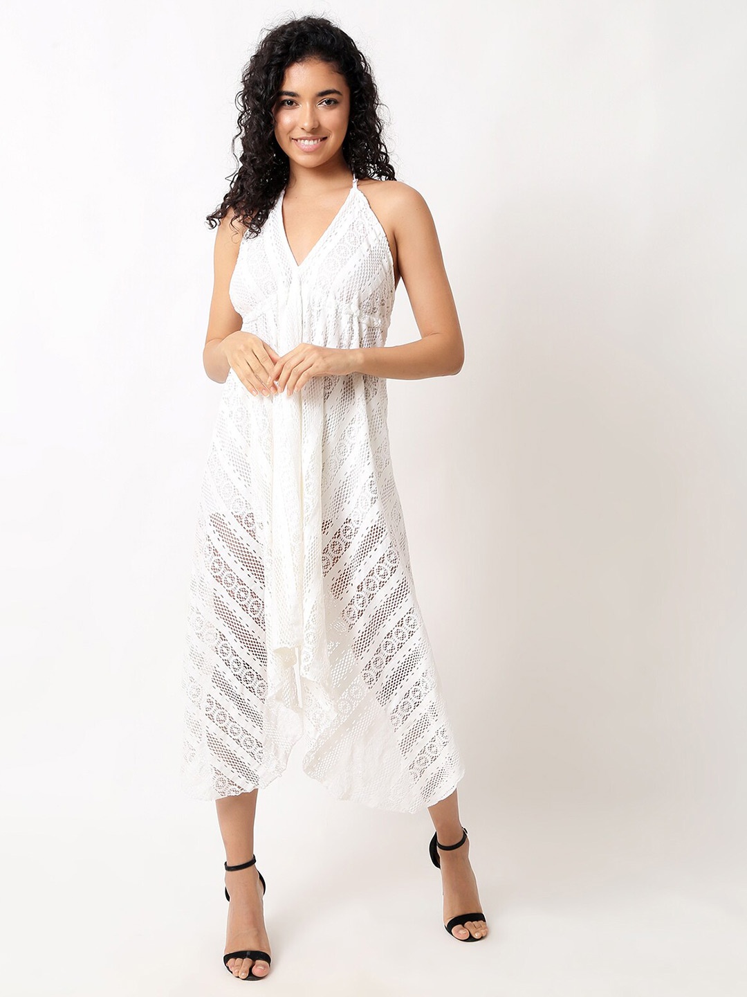 

Aditi Wasan Self Design Halter Neck Lace Up Semi Sheer Assymmetric Fit & Flare Dress, White