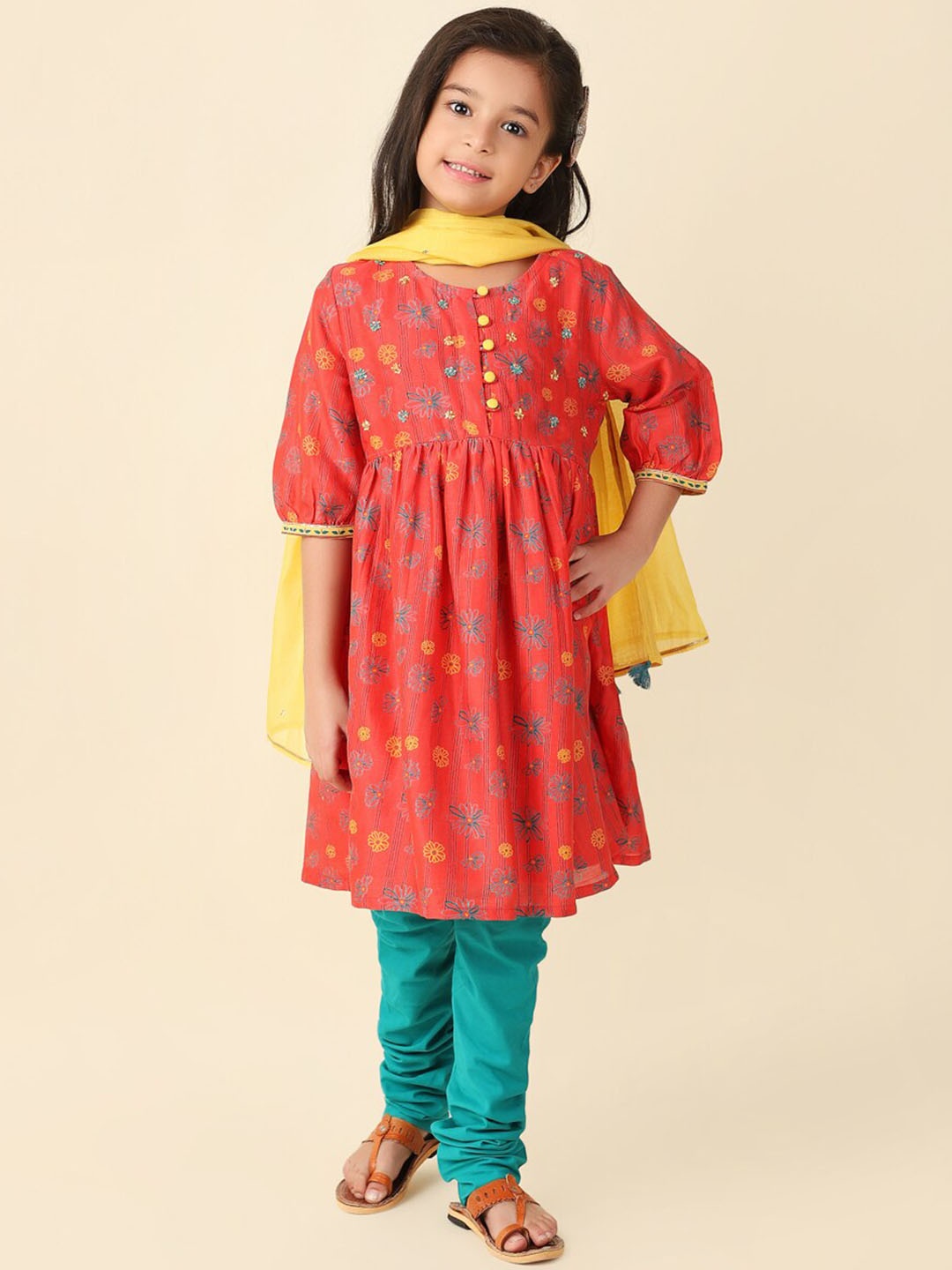 

Fabindia Girls Floral Printed Sequinned Anarkali Empire Kurta With Churidar & Dupatta, Coral