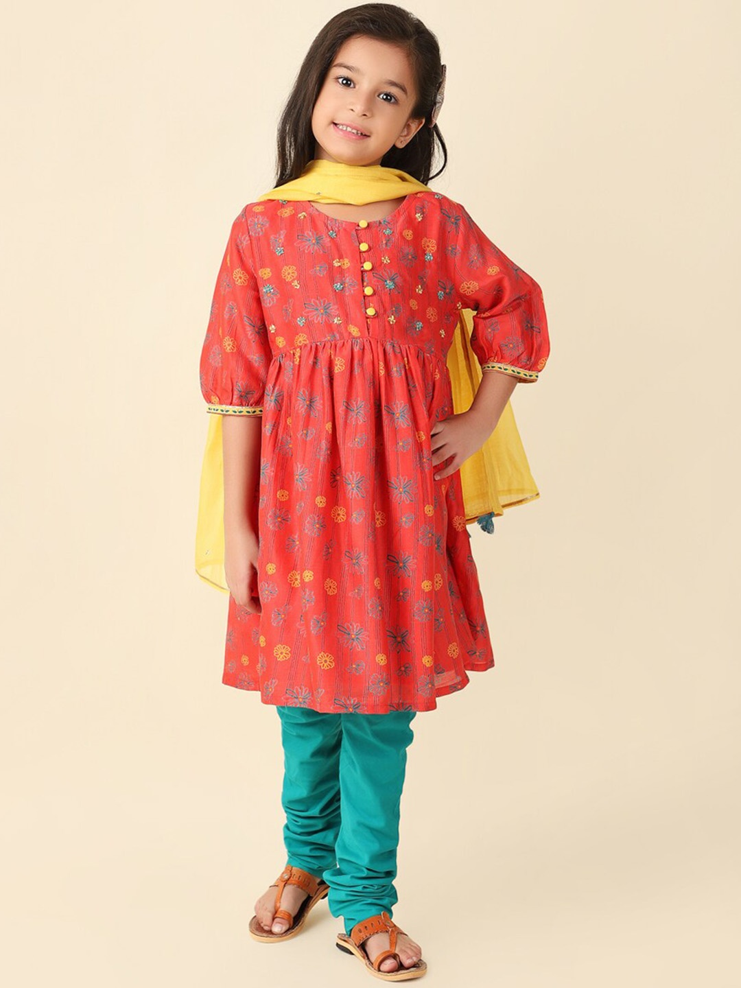

Fabindia Girls Floral Printed Kurta With Churidar & Dupatta, Coral