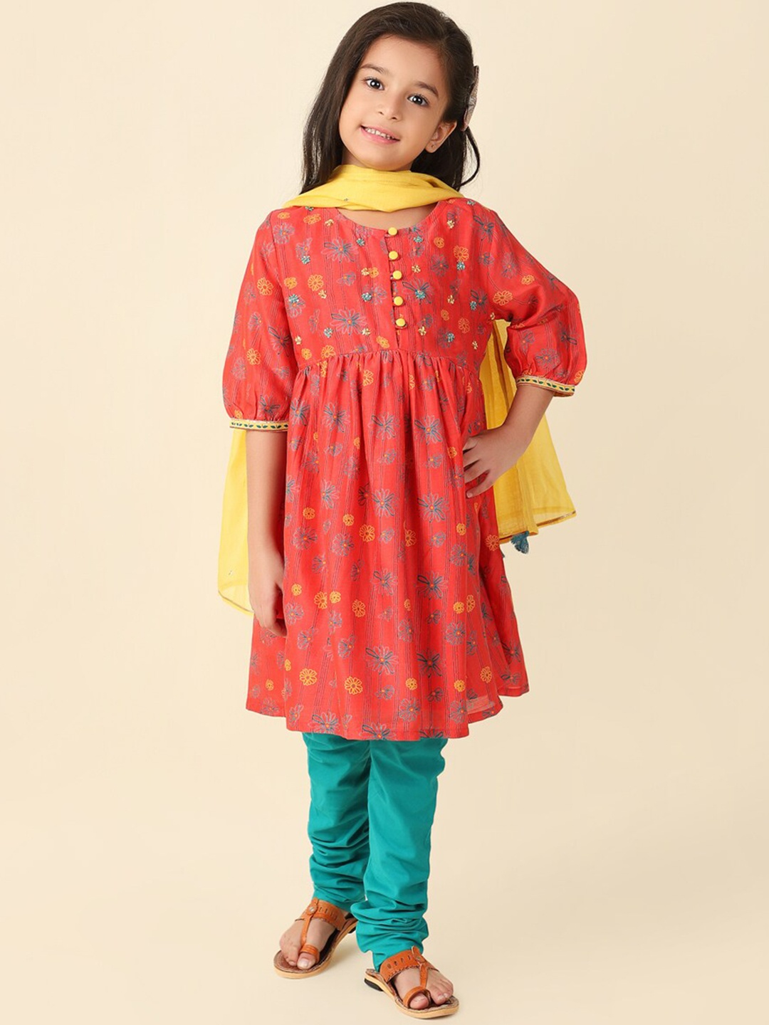 

Fabindia Girls Floral Printed Empire Kurta With Churidar & Dupatta, Coral