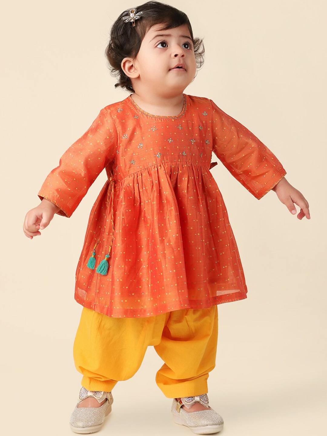 

Fabindia Infants Girls Ethnic Motifs Printed Empire Sequinned Kurta With Salwar, Orange