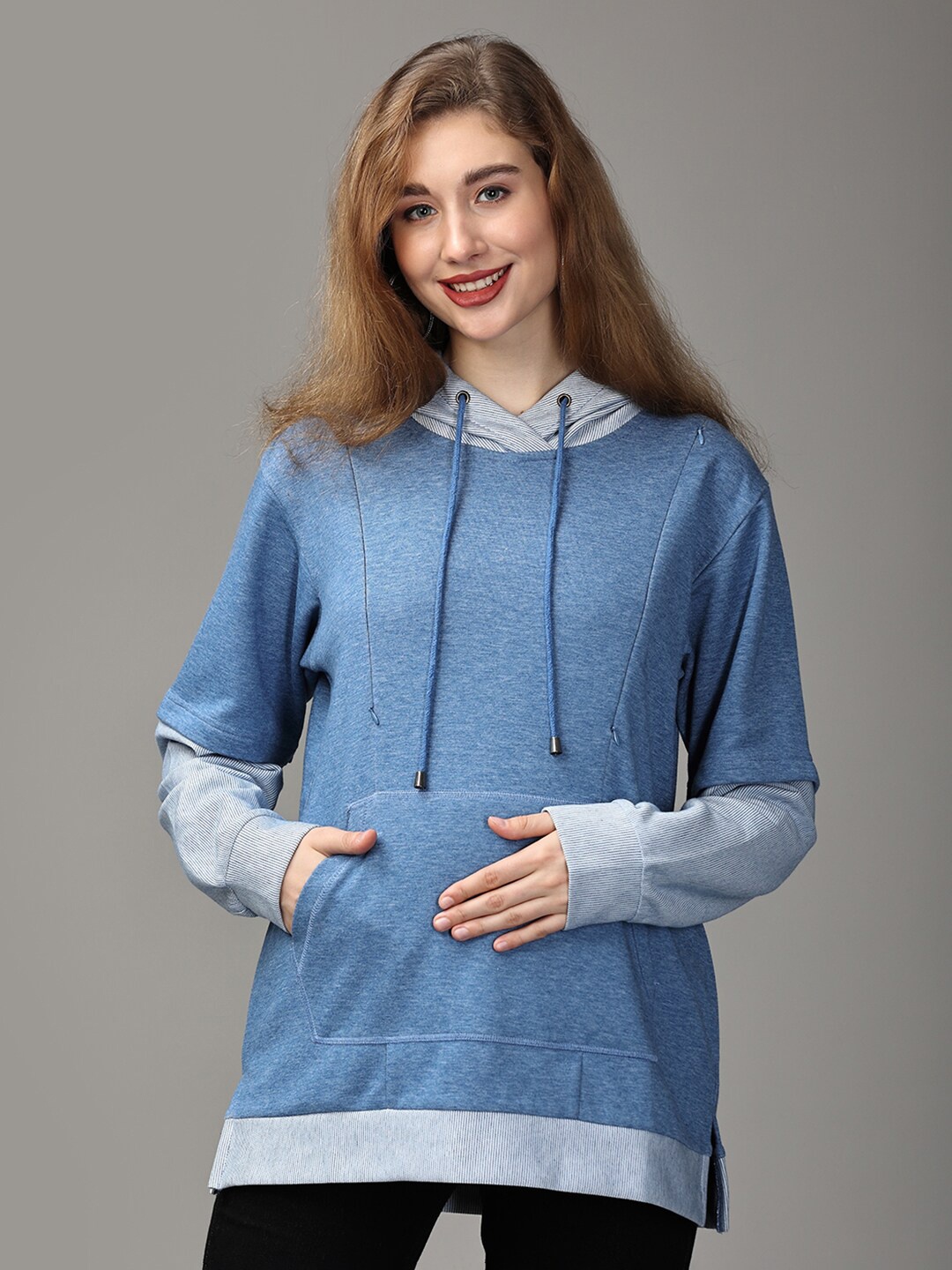 

The Mom Store Hooded Cotton Fleece Maternity Sweatshirt, Blue