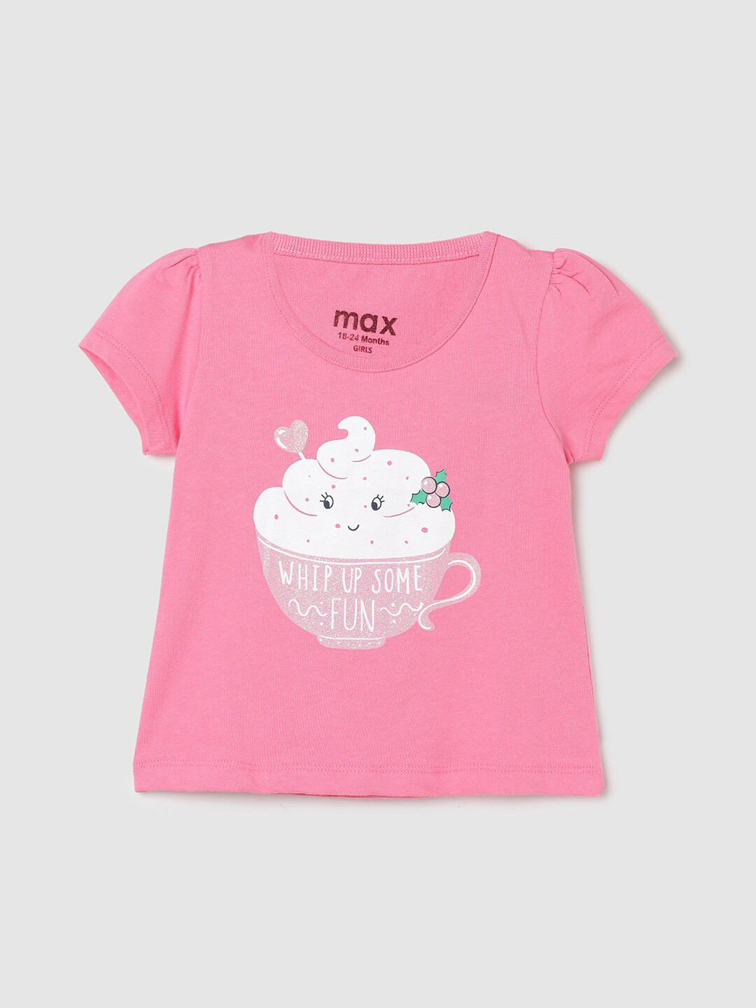

max Girls Graphic Printed Puffed Sleeves Pure Cotton T-Shirt, Pink