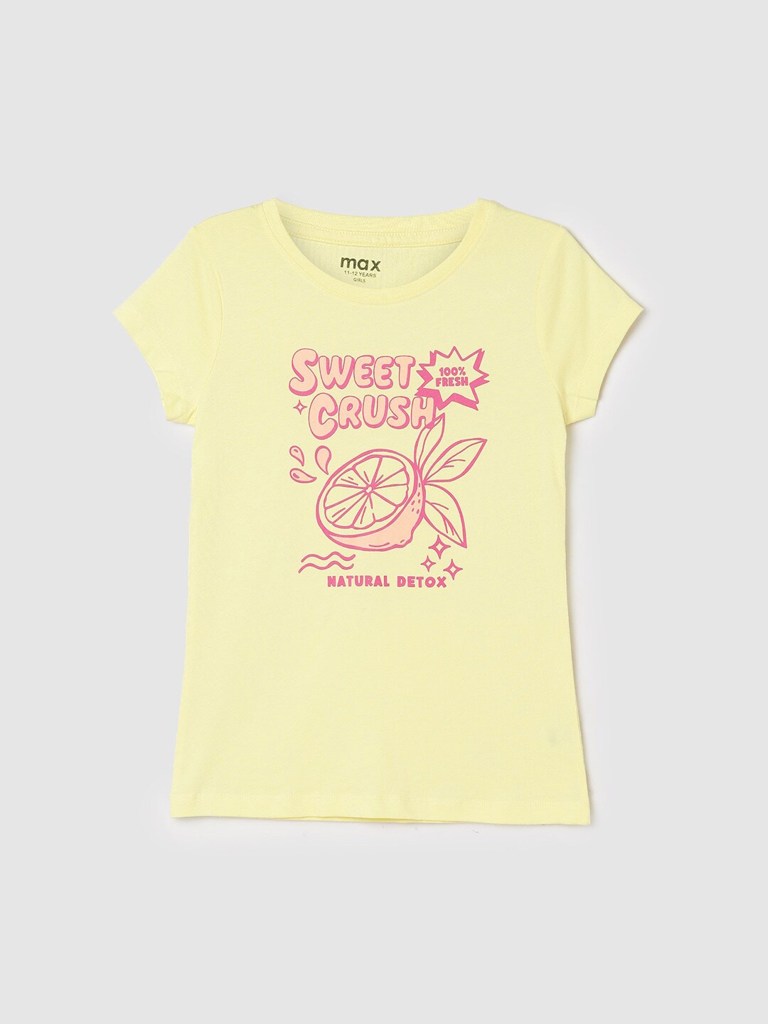 

max Girls Typography Printed Pure Cotton T-Shirt, Yellow