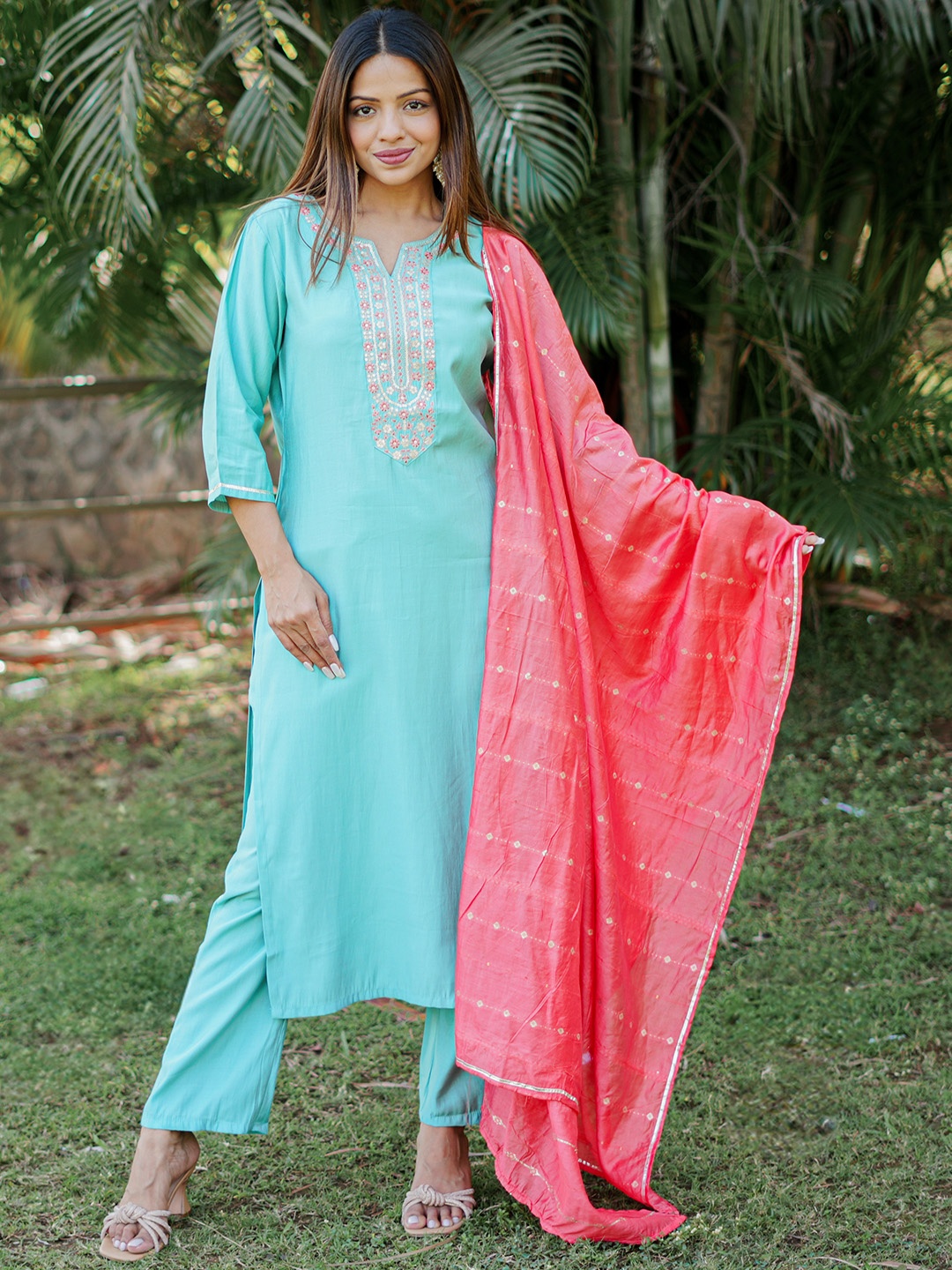 

Libas Floral Yoke Design Regular Sequinned Kurta with Trousers Dupatta, Turquoise blue