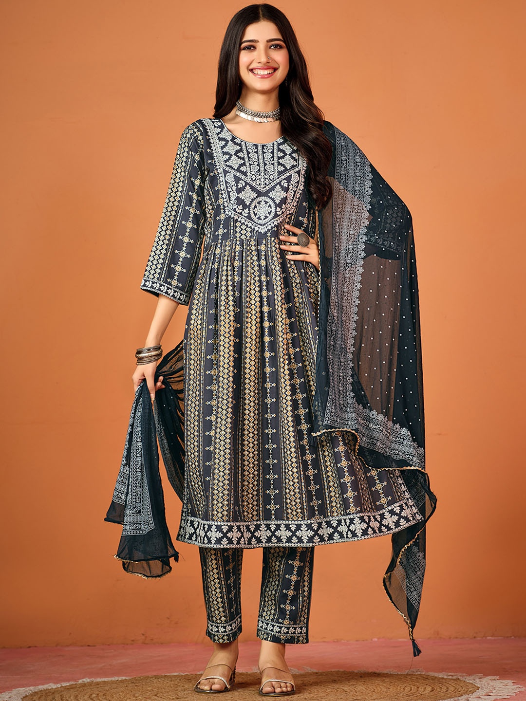 

Sangria Ethnic Motifs Printed A-Line Kurta With Trouser & Dupatta, Black