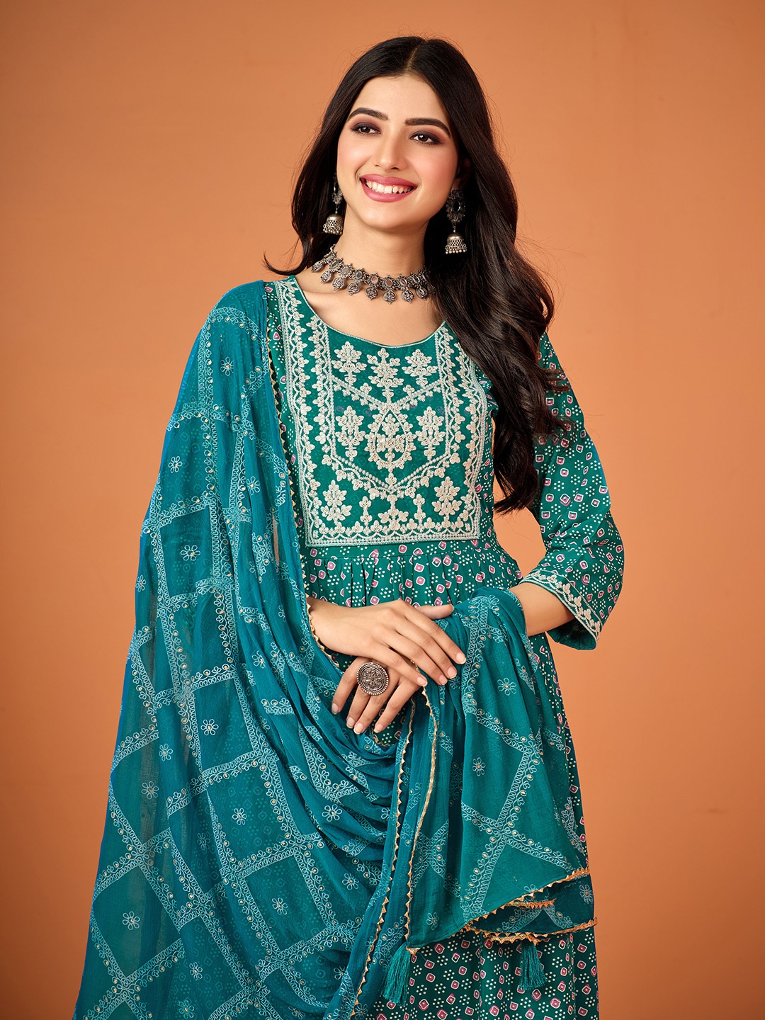 

Sangria Green Ethic Motifs Printed A-Line Kurta With Trousers & Dupatta