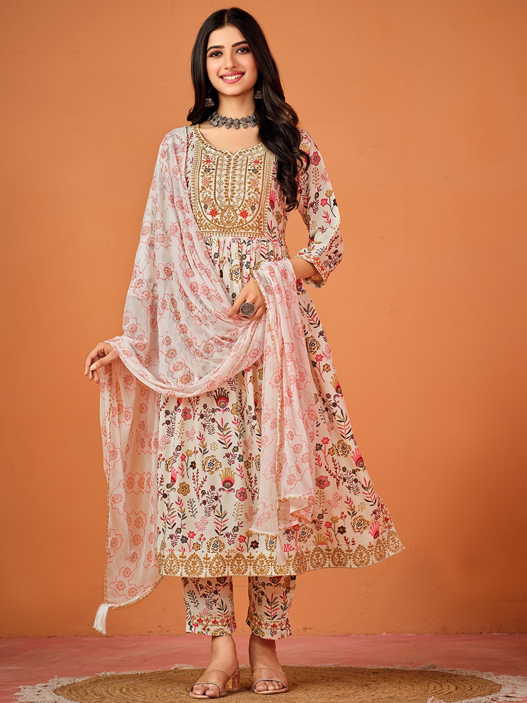 

Sangria Floral Printed Pleated Thread Work Kurta And Trousers With Dupatta, Cream