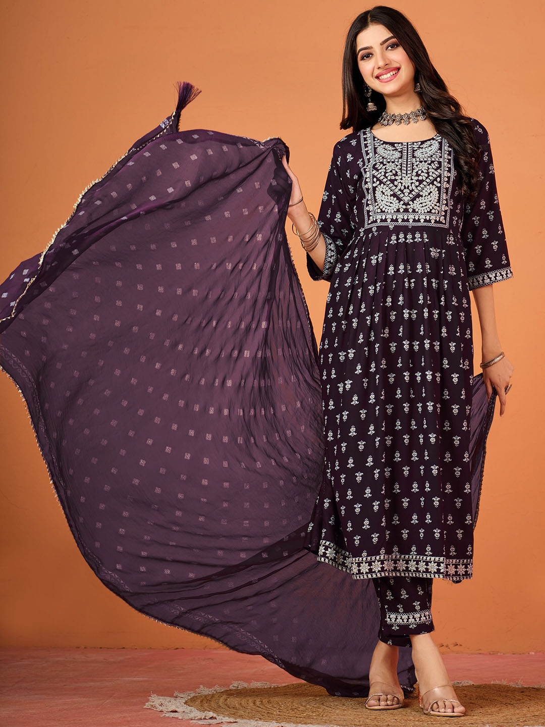 

Sangria Purple Ethnic Motifs Printed A-Line Kurta With Trousers & Dupatta