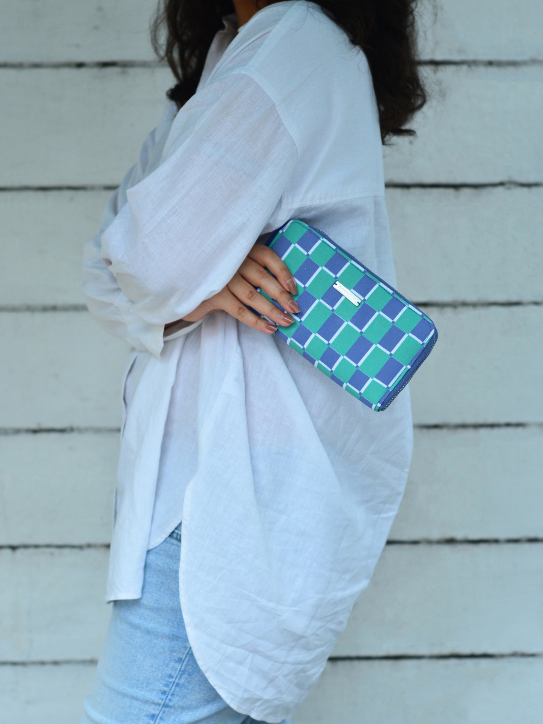 EcoRight Women Geometric Checked Canvas Zip Around Wallet, Blue