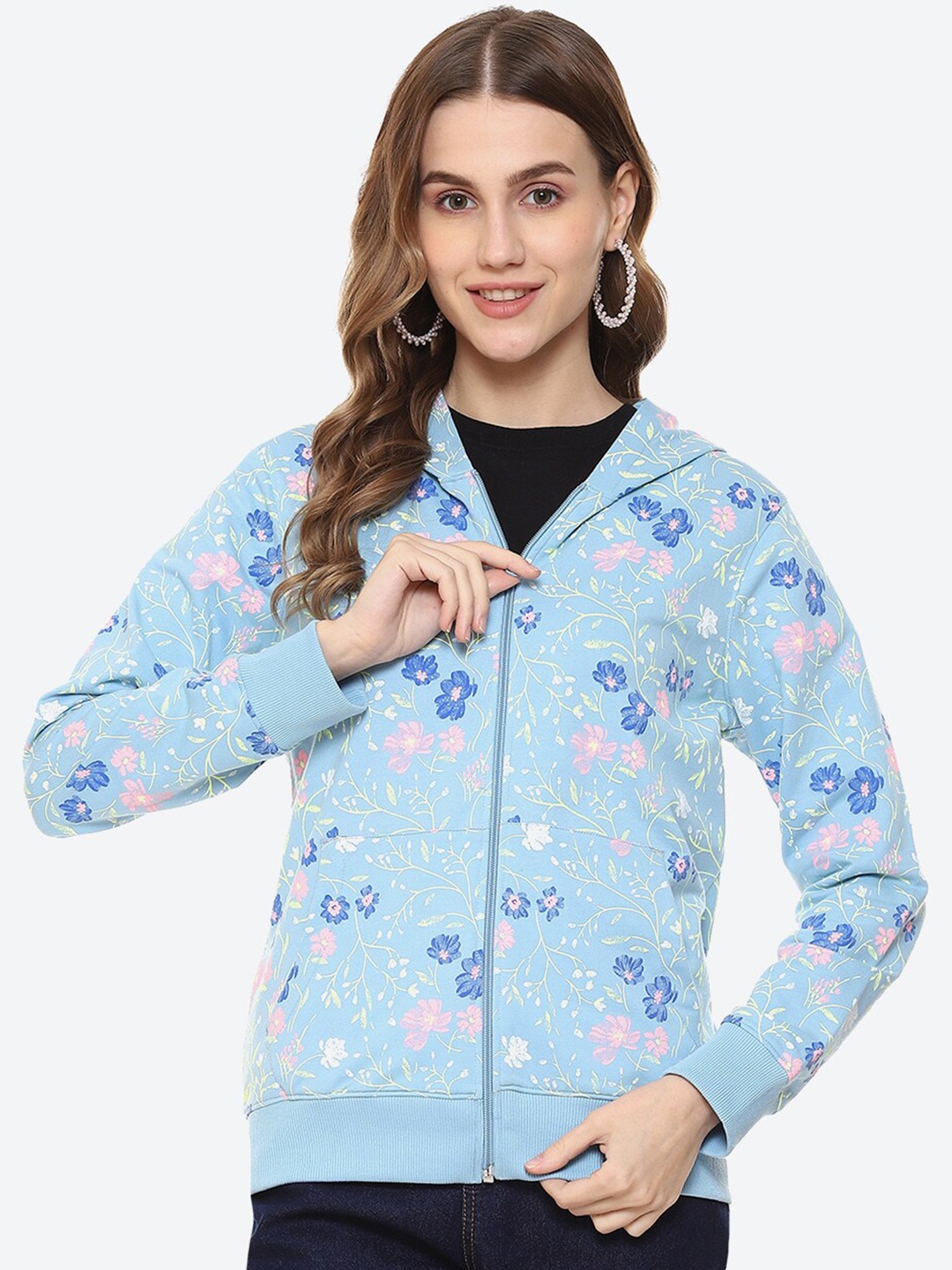 

2Bme Floral Printed Hooded Cotton Front-Open Sweatshirt, Blue