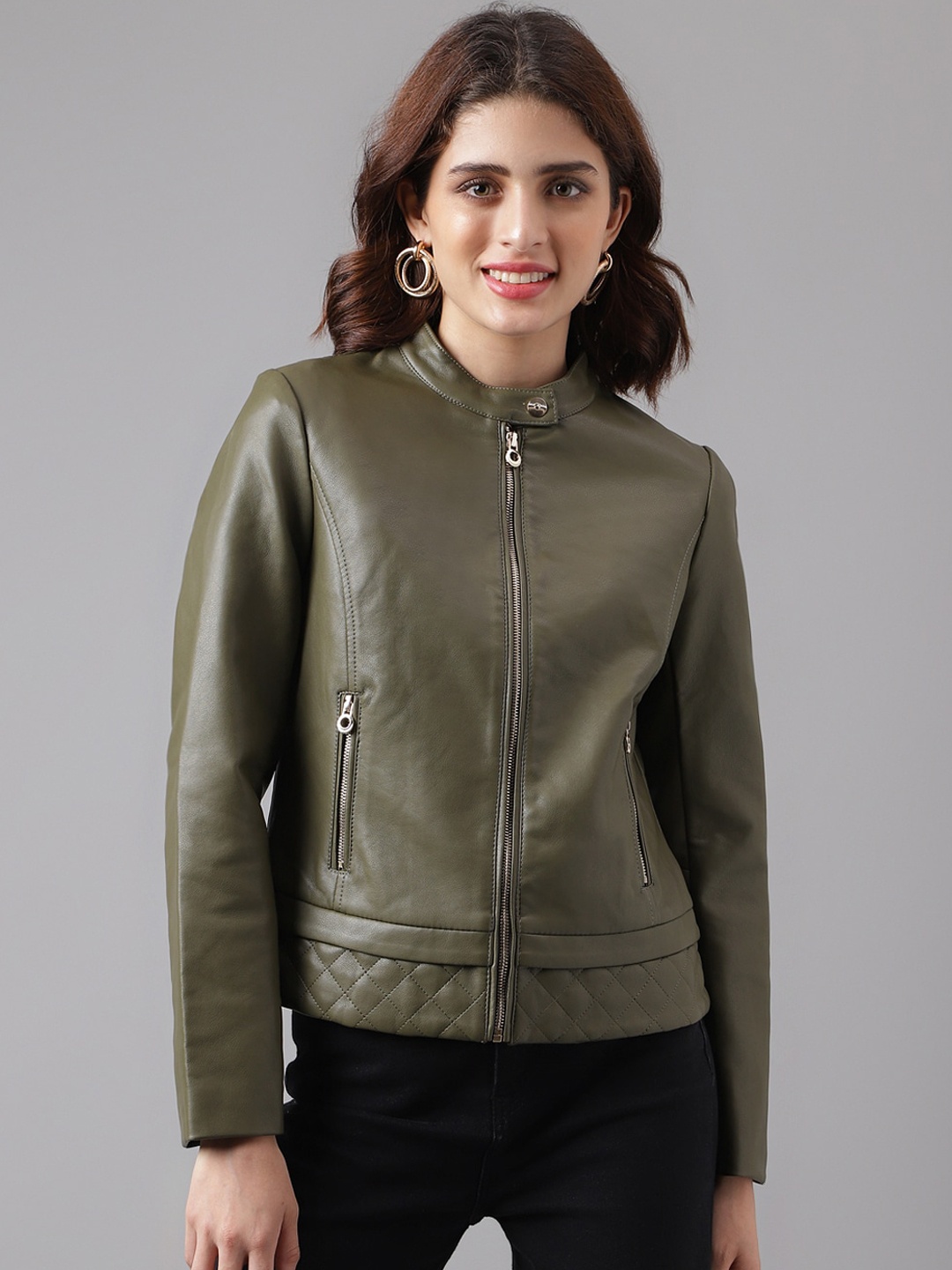 

Latin Quarters Stand Collar Crop Leather Jacket, Green