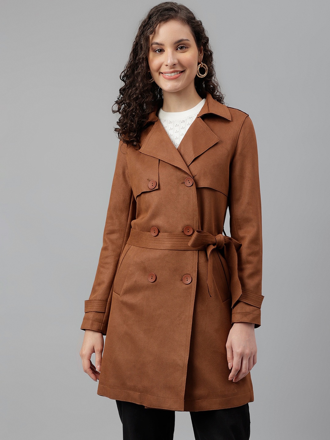 

Latin Quarters Notched Lapel Collar Longline Trench Coat, Brown