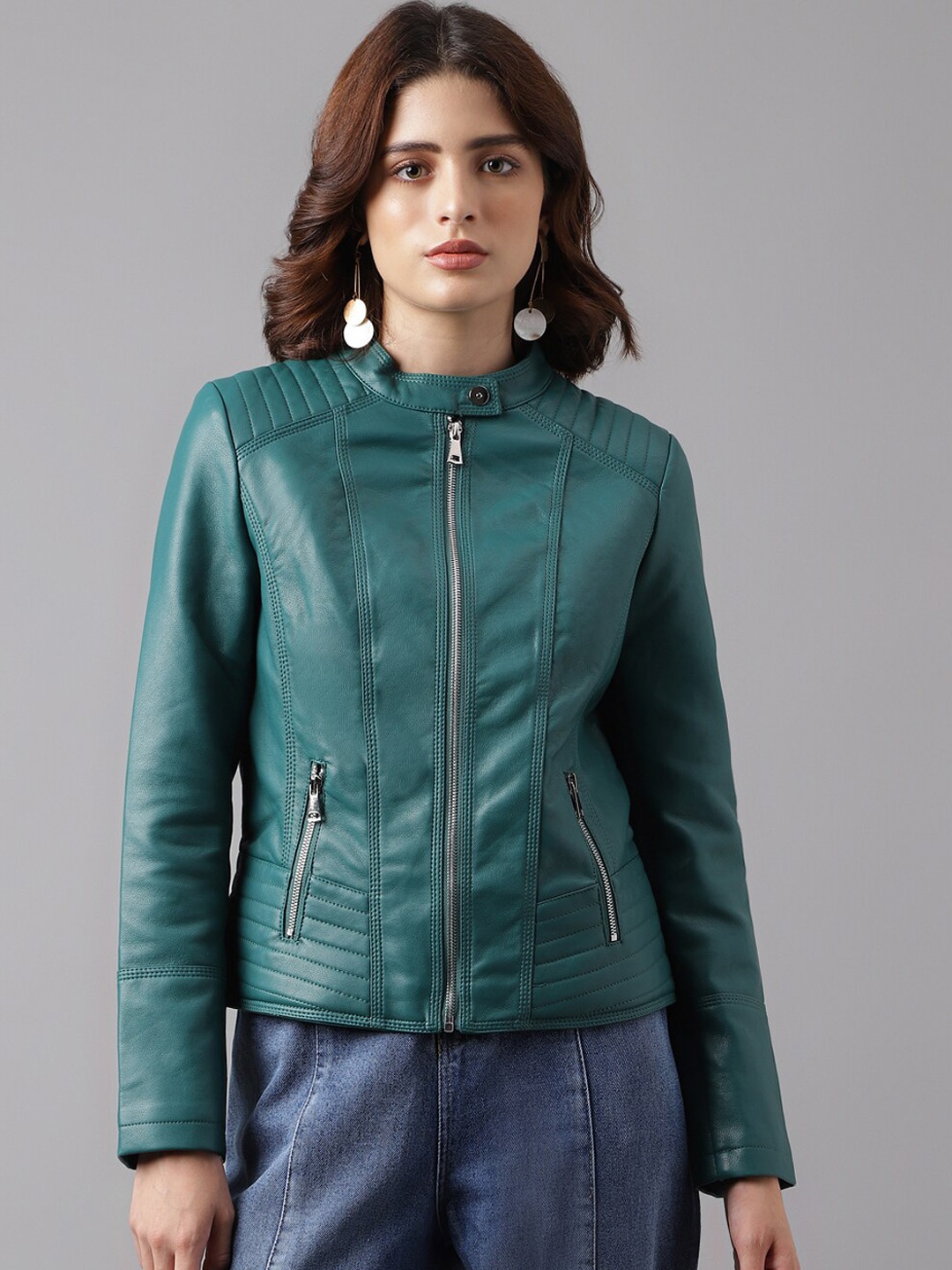 

Latin Quarters Stand Collar Biker Jacket, Green