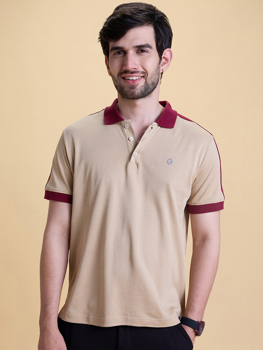 

Gloot Polo Collar Short Sleeves Cotton T-shirt, Beige