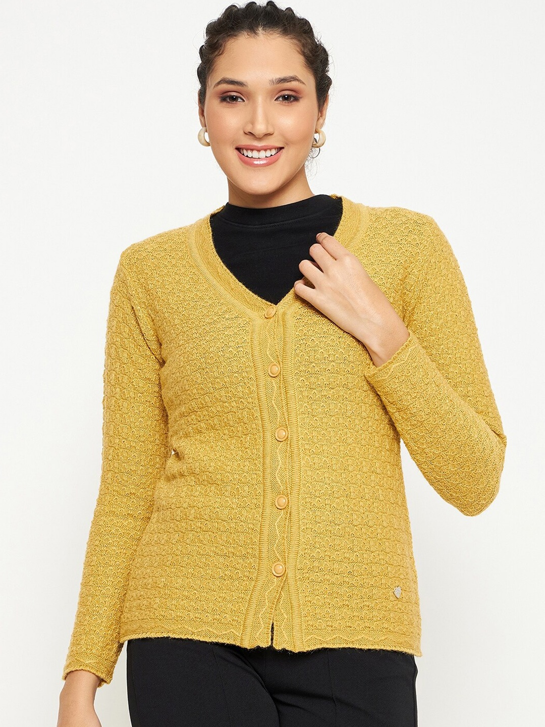 

Duke Quirky Self Design Acrylic Cardigan, Mustard