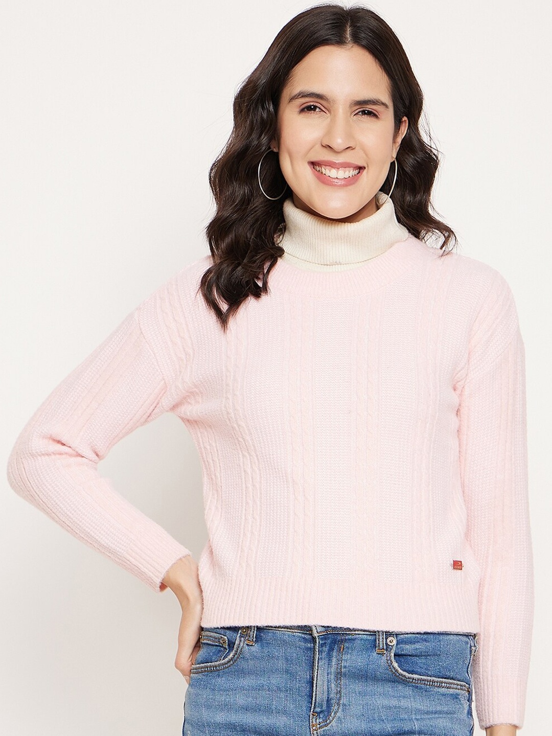 

Duke Cable Knit Self Design Acrylic Crop Pullover Sweater, Pink