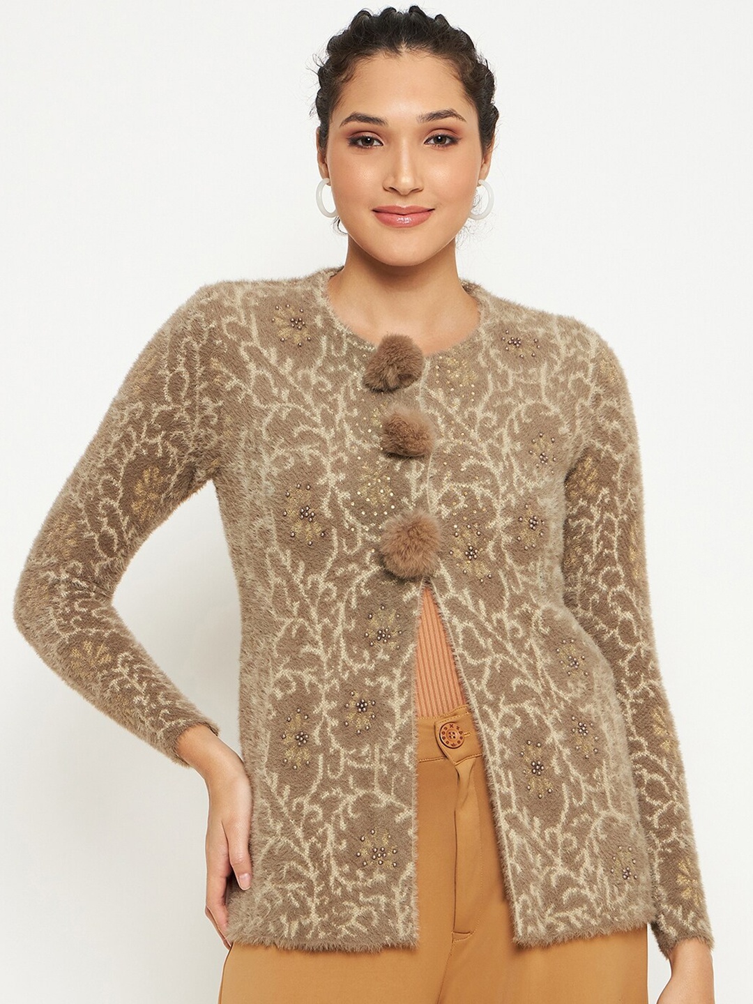 

Duke Quirky Printed Embellished Acrylic Cardigan, Brown