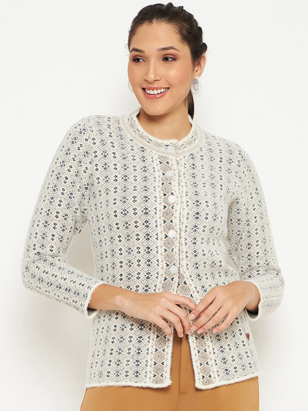 

Duke Geometric Printed Acrylic Cardigan, Beige