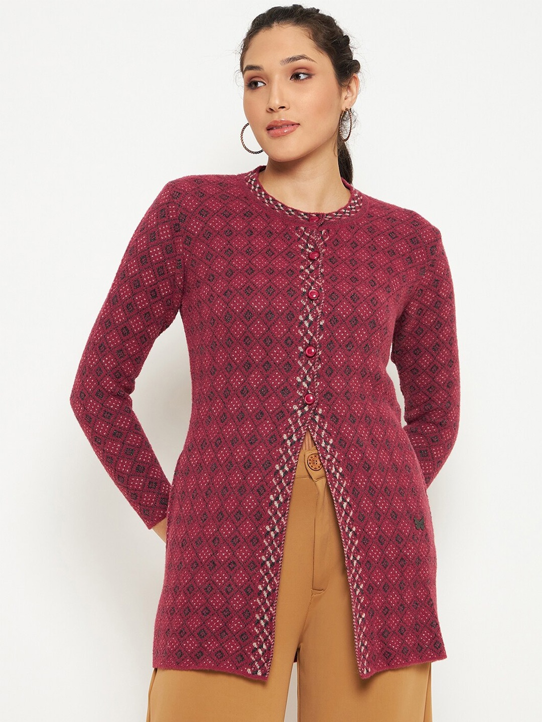 

Duke Geometric Longline Acrylic Cardigan, Maroon