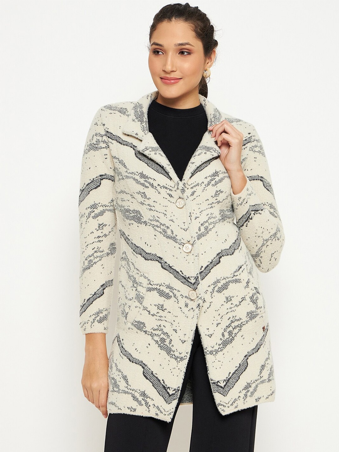 

Duke Abstract Printed Longline Acrylic Cardigan, White