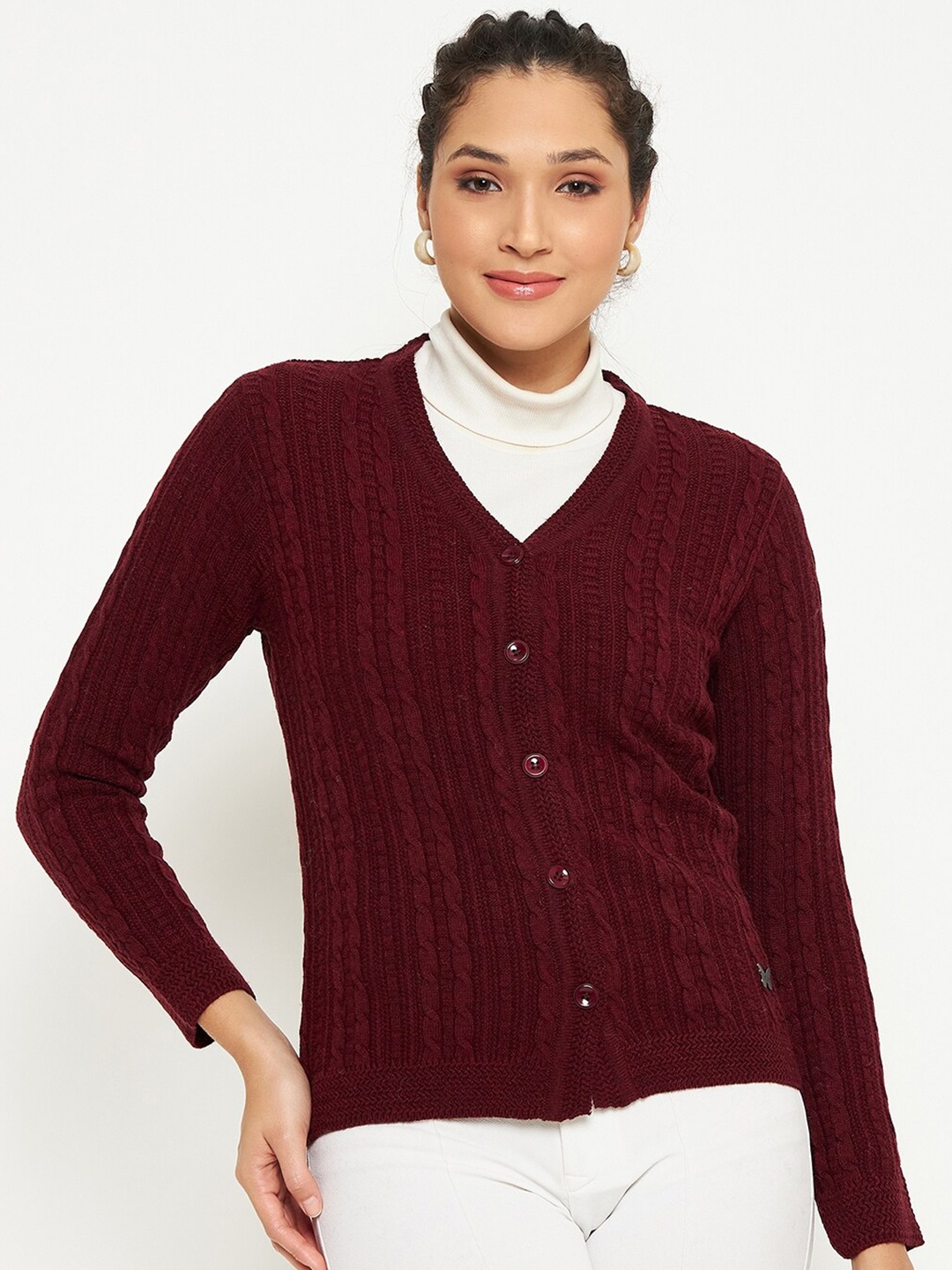 

Duke Cable Knit Self Design Acrylic Cardigan Sweater, Maroon