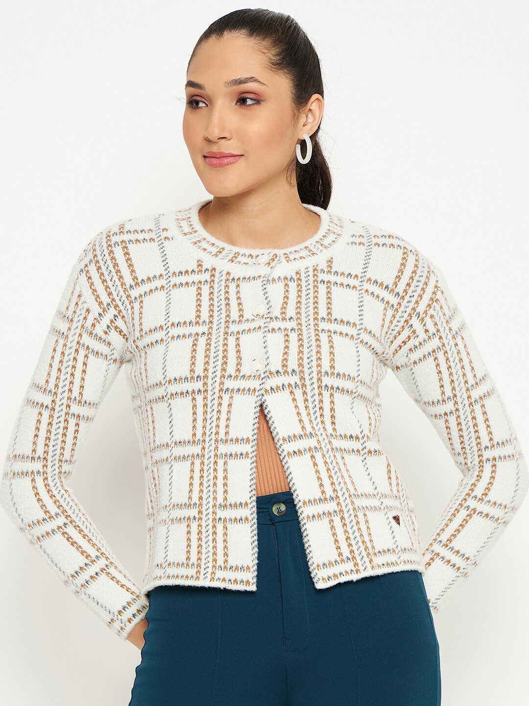 

Duke Checked Crop Acrylic Cardigan Sweater, White