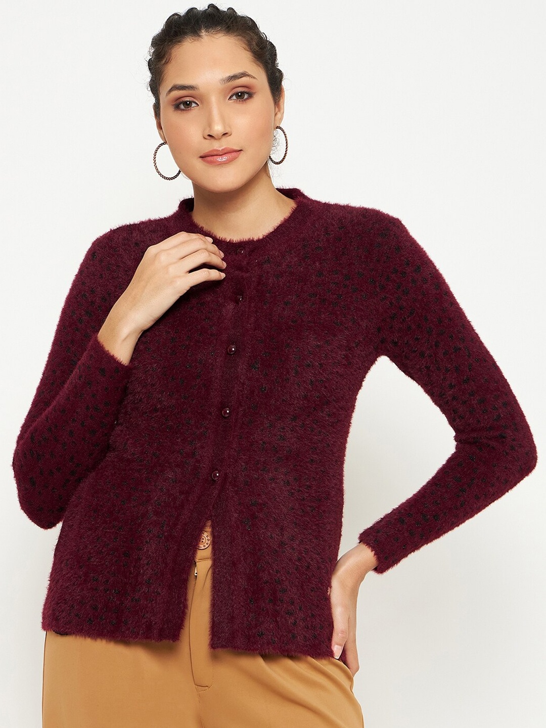 

Duke Abstract Self Design Ribbed Acrylic Cardigan, Maroon