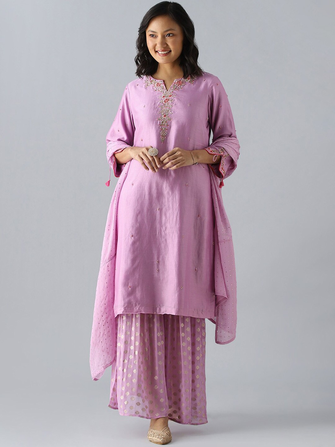 

Taneira Floral Embroidered Thread Work Kurta With Sharara & Dupatta, Violet