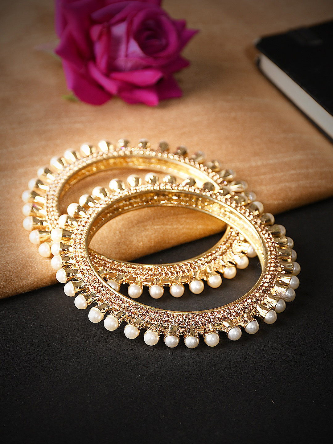 

Bamboo Tree Jewels Set Of 2 Gold-Plated Pearl Beaded Bangles