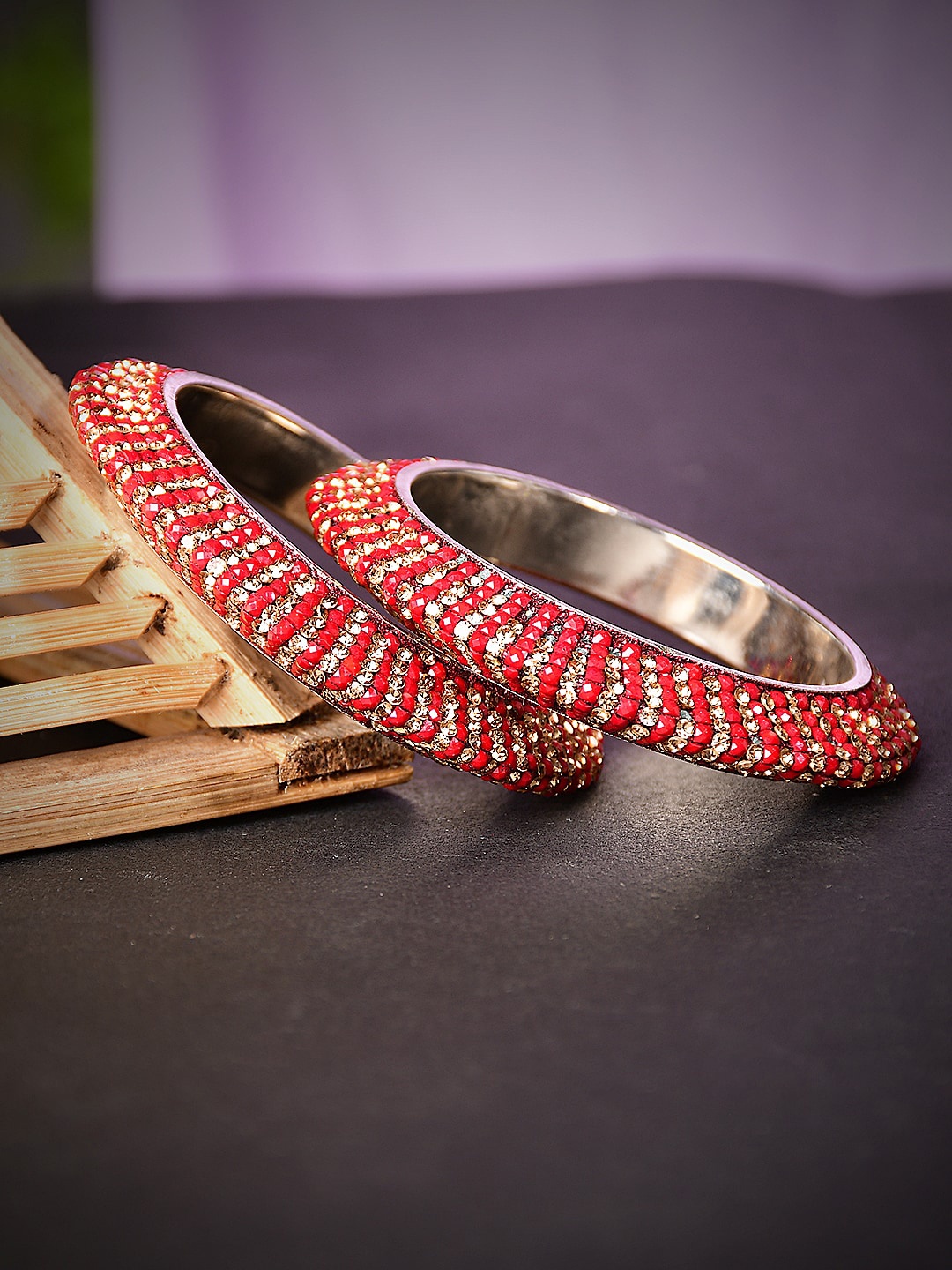 

Bamboo Tree Jewels Set Of 2 Crystal Studded Bangles, Red