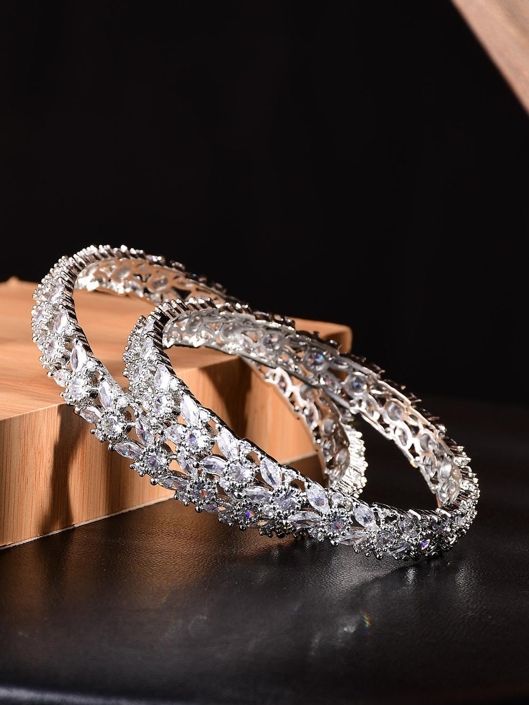 

Bamboo Tree Jewels Set Of 2 Silver-Plated American Diamond Studded Bangles