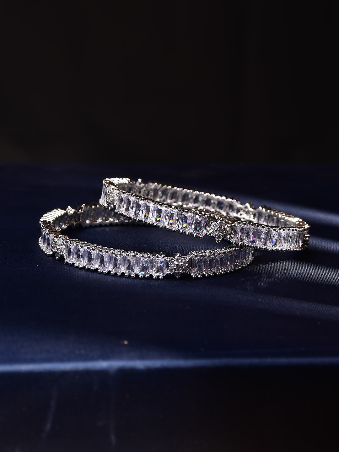 

Bamboo Tree Jewels Set of 2 Silver -Plated American Diamond Studded Bangles