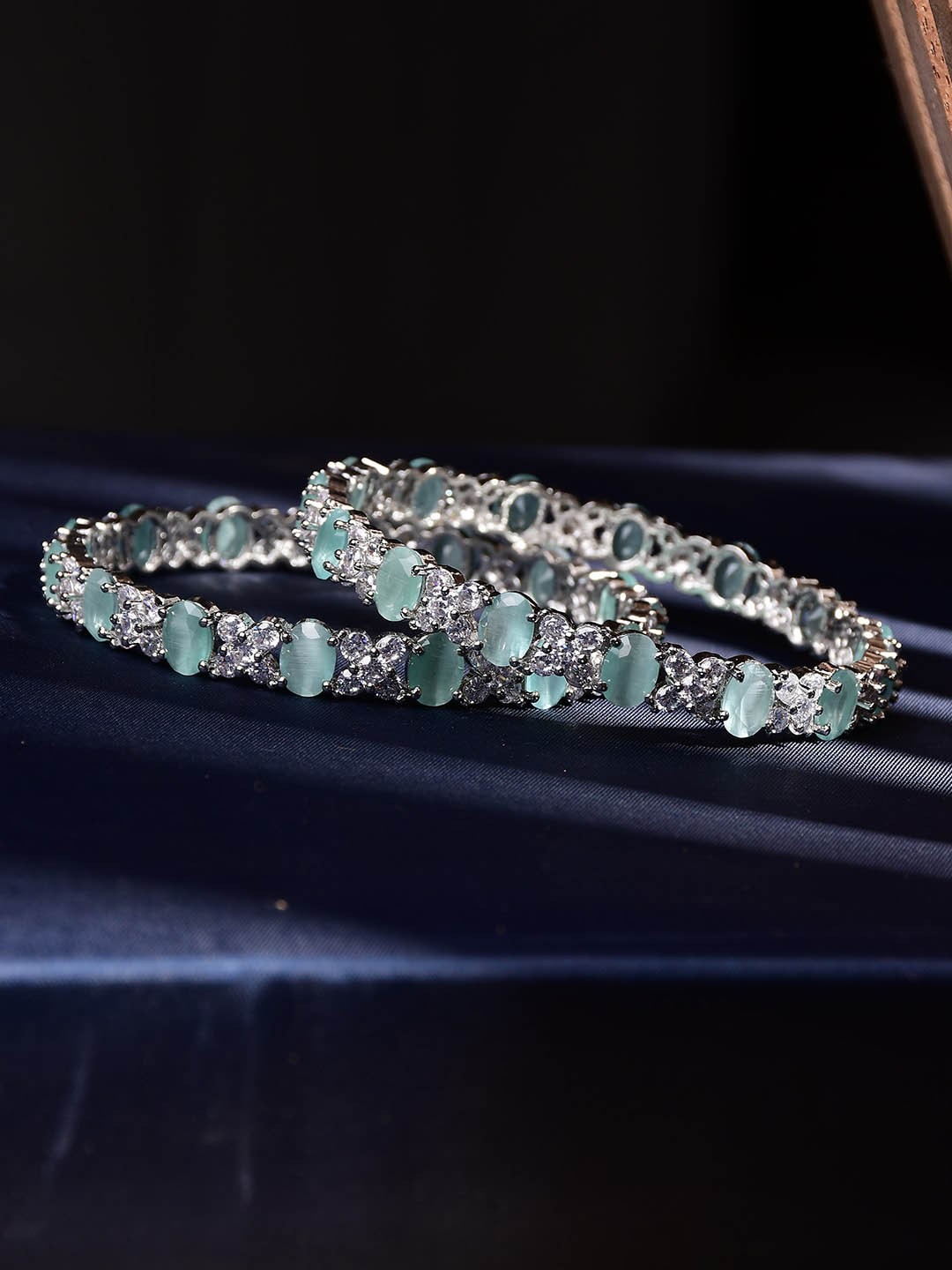 

Bamboo Tree Jewels Set Of 2 Silver-Plated Brass American Diamond-Studded Bangles