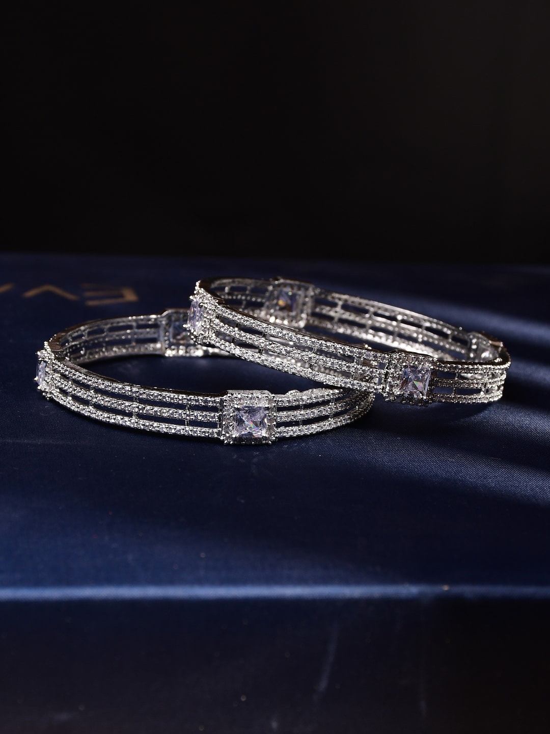 

Bamboo Tree Jewels Set of 2 Silver-Plated American Diamond Studded Bangles