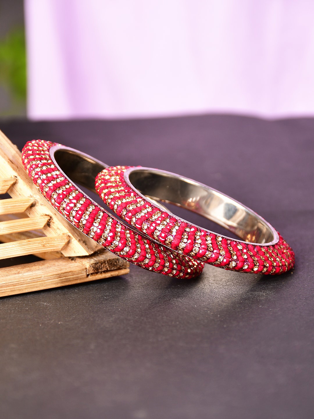 

Bamboo Tree Jewels Set of 2 Crystal Studded Bangles, Gold