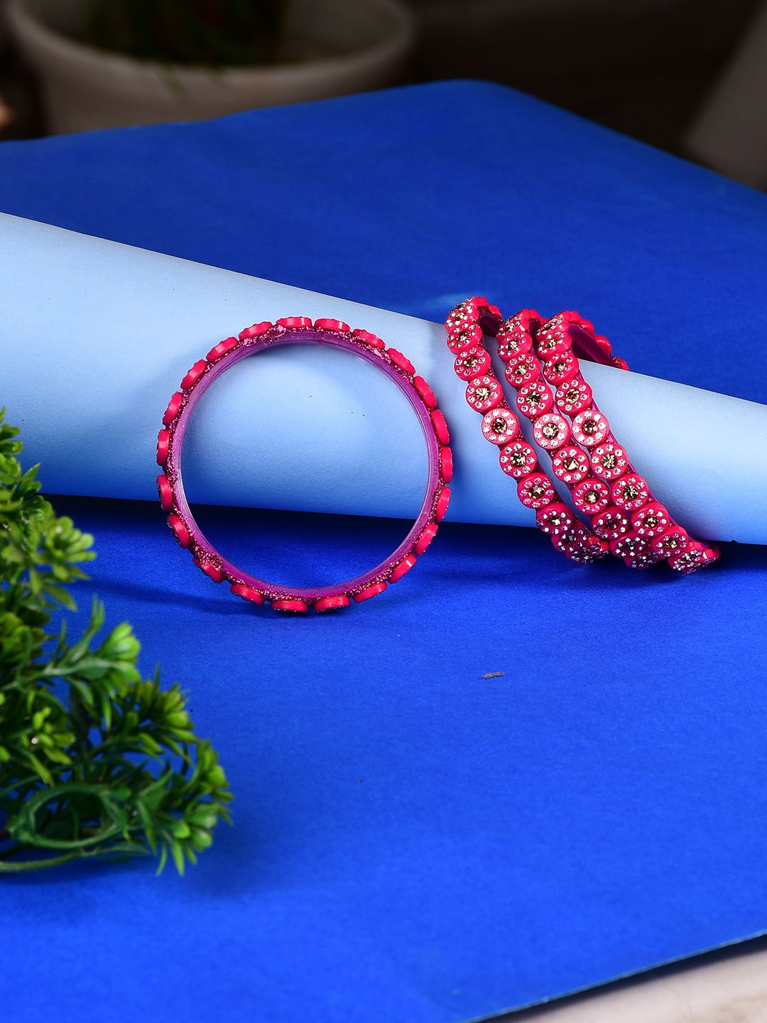 

Bamboo Tree Jewels Set Of 4 Crystal-Studded Bangles, Pink