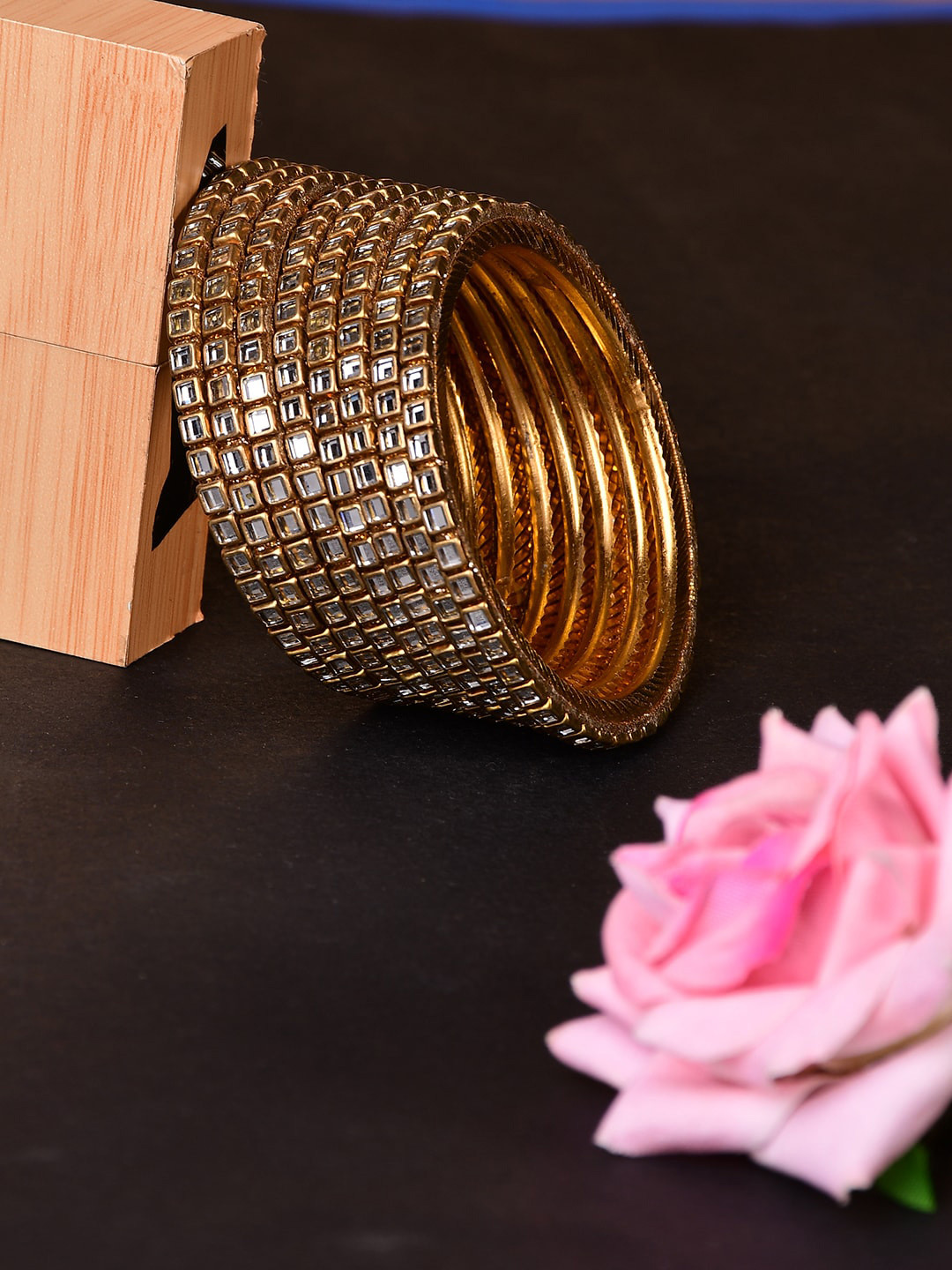 

Bamboo Tree Jewels Set Of 8 Crystals Studded Bangles, Gold