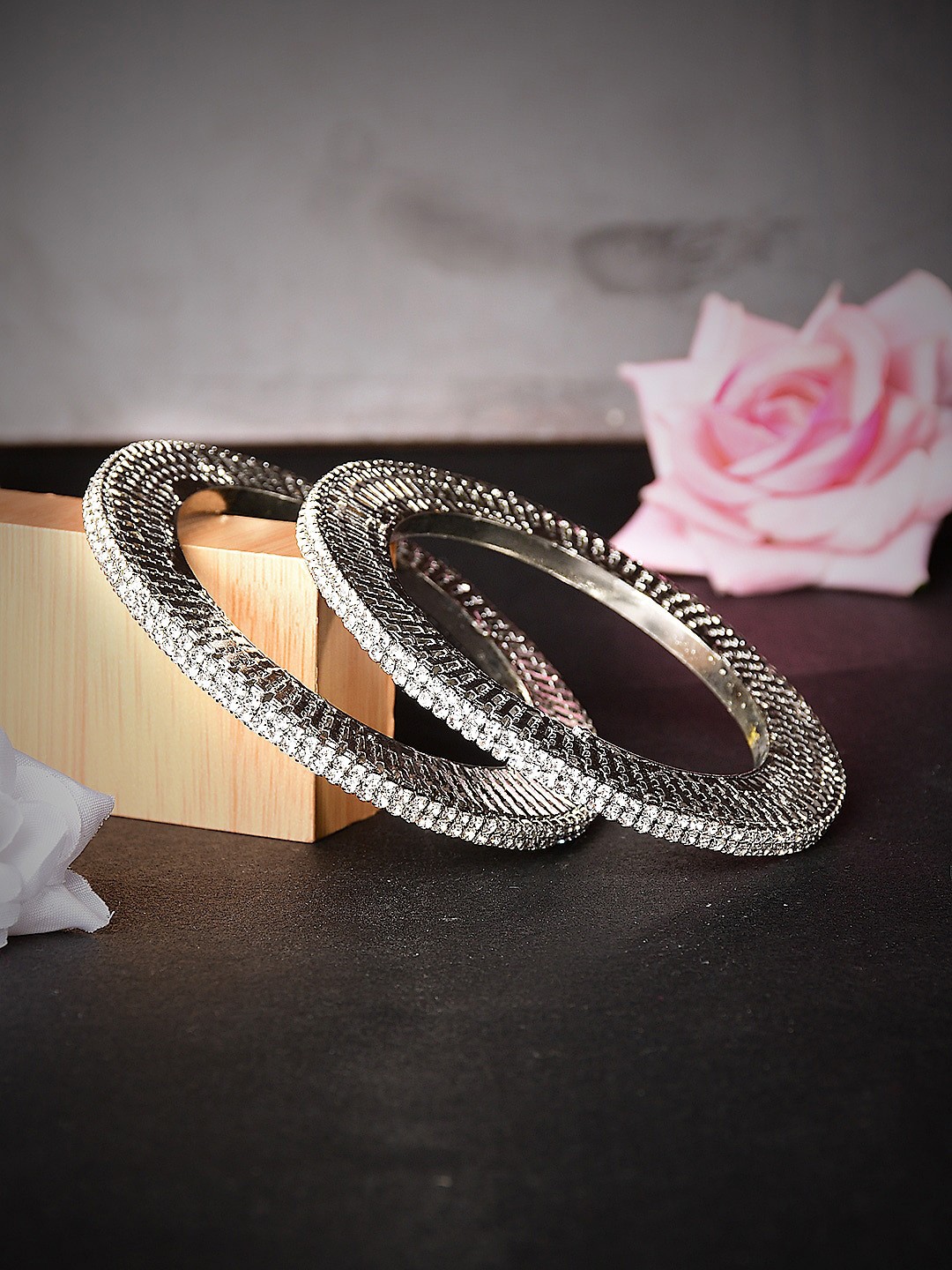

Bamboo Tree Jewels Set of 2 Silver-Plated American Diamond Studded Bangles